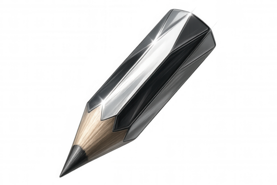 Sleek metallic pencil hovering vertically, graphite tip downward against transparent surface, symbolizing creative potential
