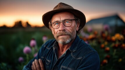 A thoughtful and wise-looking mature man with glasses and a hat stands in a beautiful garden full of vibrant flowers, reflecting a connection to nature.