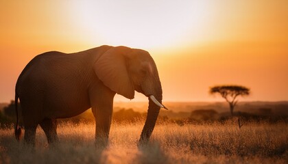 Fototapeta premium a serene elephant bathed in golden sunset light with a soft blurred horizon