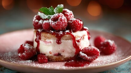 An inviting raspberry cake layered with creamy filling and topped with fresh raspberries and syrup, dusted with powdered sugar, perfect for dessert enthusiasts and celebrations.