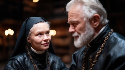 A contemplative scene featuring a nun and a senior man engaging in a heartfelt conversation, surrounded by a rustic, dimly-lit environment that fosters a serene atmosphere of spirituality.