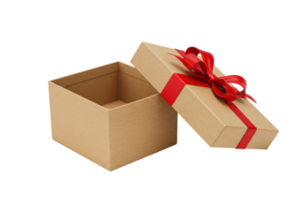 Empty, unbranded, light brown kraft paper square gift box with a vibrant red ribbon, lid ajar revealing empty interior, on a transparent background with soft studio light, concept of opportunity and