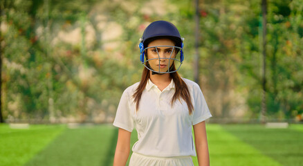 Indian gen z sports woman lady standing staring cam play ground wear white uniform and helmet headshot portrait of Asian player female girl look camera do casual pose day time at match