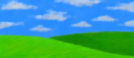 Green grass field under bright blue sky with fluffy white clouds. Sunny countryside field with fresh green grass and clear blue sky. natural landscape background for summer and spring themes.