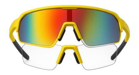 Cycling glasses with a yellow frame and interchangeable lenses for varied light conditions