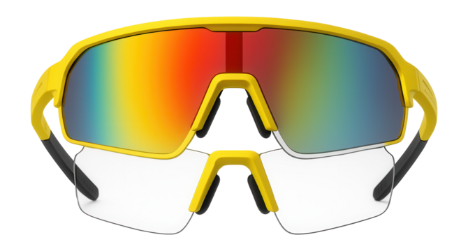 Cycling glasses with a yellow frame and interchangeable lenses for varied light conditions