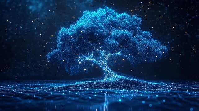 A glowing blue digital tree emerges from a grid-like surface with sparkling particles floating in the background, creating a futuristic and technological illustration for industry.	