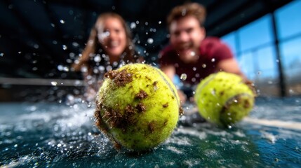 A dynamic image capturing two tennis balls splashing through water on a court, emphasizing motion and energy, with blurred players in the background, evoking excitement.