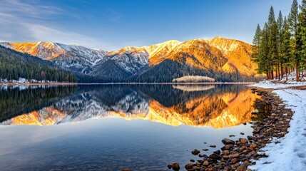 Naklejka premium Snowy mountain lake with crystal reflections, pine trees along shoreline, golden sunrise casting a warm glow, high-resolution landscape photography.