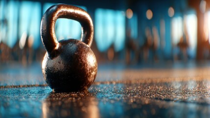 A robust kettlebell sits on a polished gym floor, glistening with sweat, symbolizing strength training and commitment to fitness within a dynamic exercise environment.