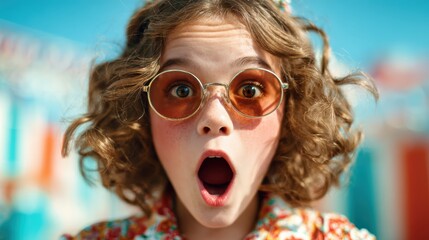 A young girl with curly hair and retro sunglasses expresses pure excitement, surrounded by vibrant colors, showcasing youthful exuberance and joy against a sunny backdrop.