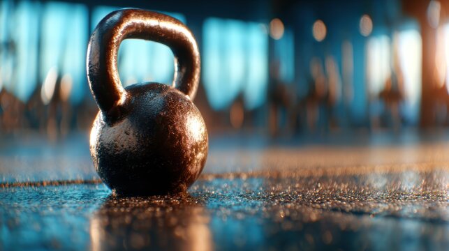A robust kettlebell sits on a polished gym floor, glistening with sweat, symbolizing strength training and commitment to fitness within a dynamic exercise environment.