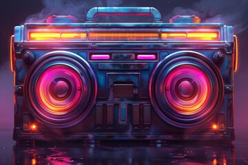 Classic retro boombox with neon pink and orange lights on a dark reflective surface