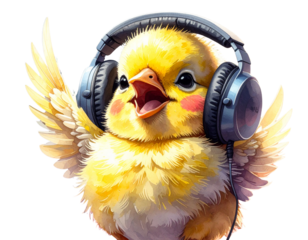 Cute Canary with Headphones Singing to Music, Kawaii Sticker Style, isolated transparent background png