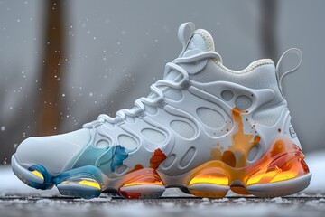 Vibrant teal, orange, and blue athletic shoe in motion with paint splashes on white backdrop