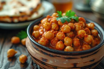 Delicious chickpea curry served in a bowl with soft naan bread on a classic white plate