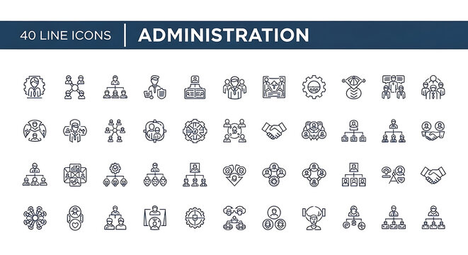 Collection of 101 minimalist line icons representing administration and business concepts, presented on a dark blue header with white text