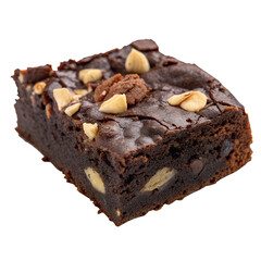 Delicious chocolate brownie isolated on transparent background, a sweet dessert with hazelnut topping and rich cocoa flavor