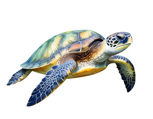  Watercolor Turtle and Coral Reef Composition, Angled View, isolated transparent background png