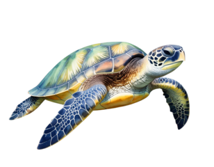  Watercolor Turtle and Coral Reef Composition, Angled View, isolated transparent background png