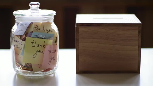 Thank you notes filled in glass jar near wooden donation box, a powerful visual expressing appreciation, gratitude, and the spirit of giving in charitable contexts