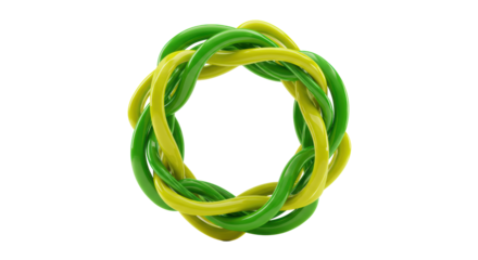 Vibrant green and yellow flowing lines form an elegant, dynamic circular frame, subtly offset against a transparent studio background with soft lighting, concept of interconnected growth