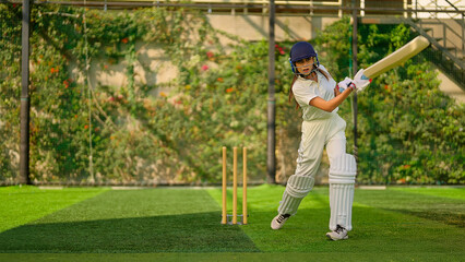 Indian young adult gen z sports woman lady standing hold bat play learn cricket match do practice...