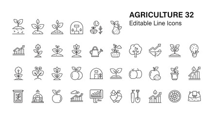 Set of editable line icons representing agriculture, farming, and gardening concepts, isolated on a white background