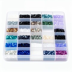 Assorted vibrant beads collection inside a clear plastic organizer box on white background