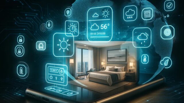 Smart hotel room with digital technology interface showcasing weather, security, and comfort features.