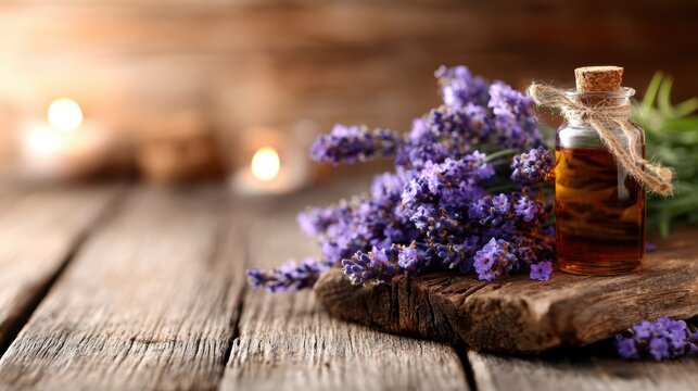 A calming image featuring a bottle of lavender essence amidst fresh lavender flowers, beautifully arranged in a rustic setting, showcasing the harmony of nature's beauty and aroma.