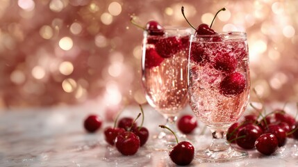 A lively image of two glasses of cherry soda bursting with bubbles, capturing a refreshing moment of joy, celebration, and indulgence amid a soft, sparkling background.