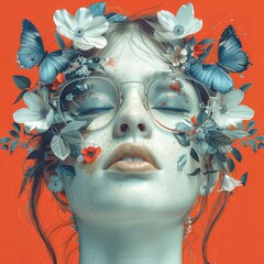 Surreal portrait of a beautiful woman with flowers and leaves on an orange background