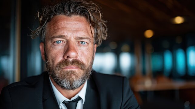 A contemplative businessman gazes intensely at the camera, embodying strength and depth of thought, set against a stylish office background that adds an air of professionalism.