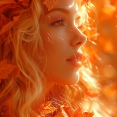 Surreal portrait of a beautiful woman with flying flowers and leaves on an orange backdrop