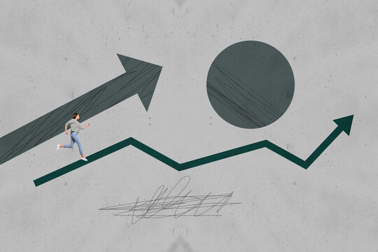 Collage with person observing rising arrow symbolizing startup growth business income statistics trading decrease increase