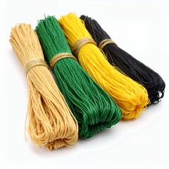 Bundles of colorful crafting threads arranged neatly on a plain backdrop on white background