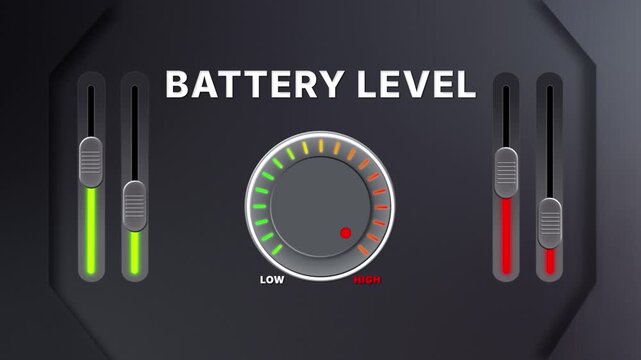 Animation of Battery level on a circular gauge moving from low to high and back. Can be used to show increase or decrease. Perfect for energy, power, or technology content.