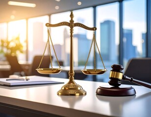 Golden scales and gavel on a table