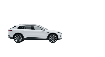 transparent electric suv, sleek futuristic design, subtle reflections, in a pure infinite white void with copy space on right, photorealistic studio shot, concept of future mobility and innovation