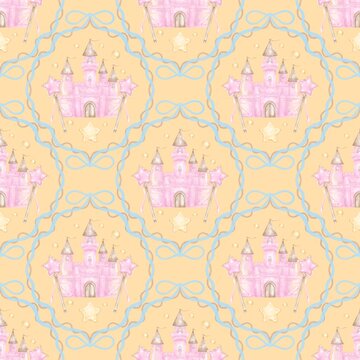 Fairy Tale Pattern Magical Fantasy Design, Enchanted Forest Seamless Background, Storybook Illustration
