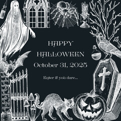Vintage Halloween card design. Hand-drawn vector illustrations. Gothic party invitation template. NOT AI generated