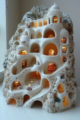 Exquisite sandcastle art against a crisp white background with innovative design details