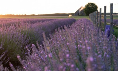 Obraz premium Lavender field at sunset, rows of purple flowers stretching to a rustic farmhouse beyond a wooden fence