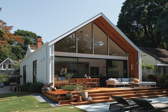 Contemporary white upvc conservatory with glass walls and doors overlooking the patio garden