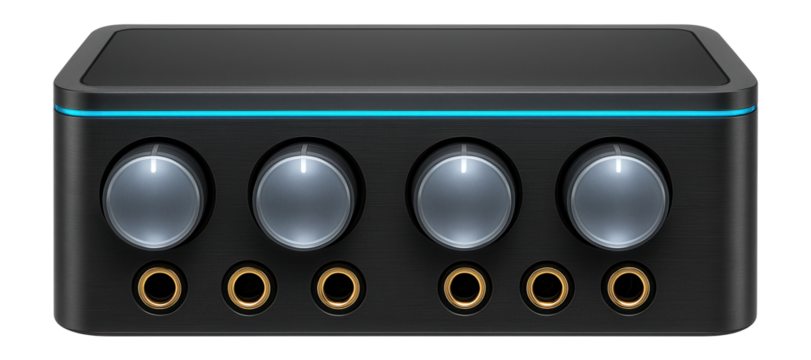 4-channel audio interface with backlit input level dials and gold-plated connectors