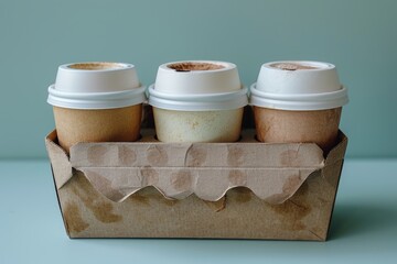 Cardboard carrier with four kraft paper cups, perfect for takeaway coffee and beverage orders