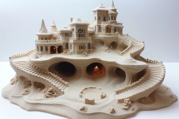 Intricate sand castle design showcased against a crisp white background for artistic appeal