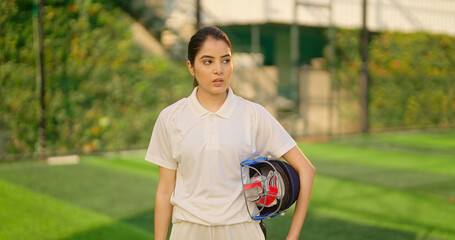 Indian gen z relax sports teen age girl woman standing outdoor play ground wear white uniform hold protective helmet and hand gloves Asian cricket player female take break rest time at match ground
