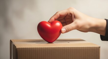 A person's hand places a red heart into a cardboard donation box, symbolizing giving with love, compassion, and kindness.